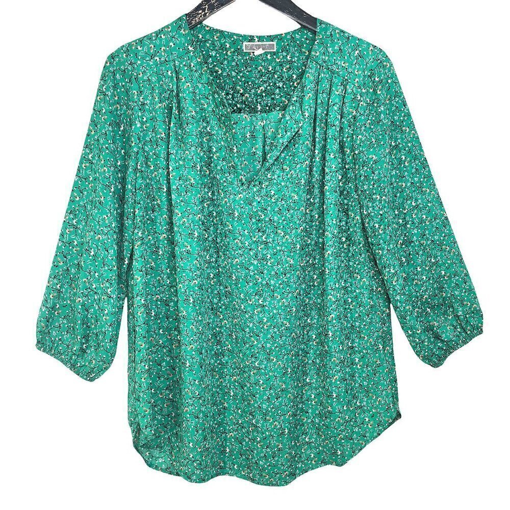 Pleione Green Ditsy Floral Peasant V Neck Long Sleeve Blouse